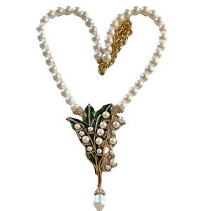 Heidi Daus Pearl crystal green enamel leaf gold tone necklace